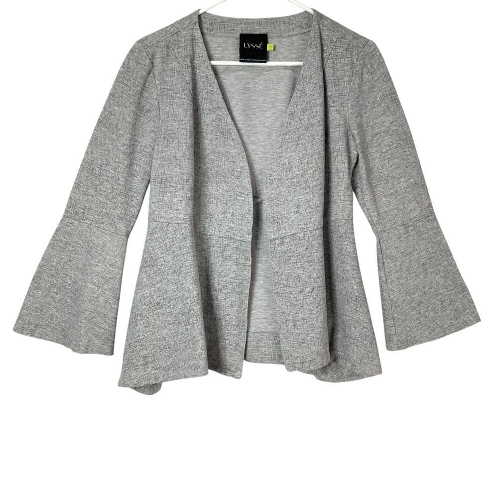 Lysse Grey Open Front Peplum V-Neck Blazer Bell Sleeve Jacket Size S Stretch